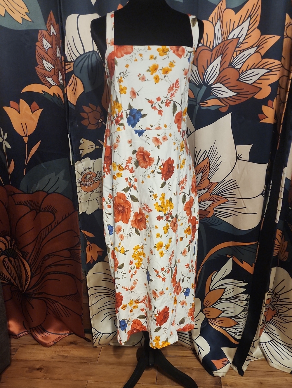 Square-Neck Floral Midi Dress in White with Orange & Yellow Blooms